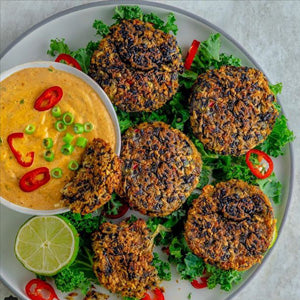 Mellow Miso Coconut Burgers with a spicy tahini sauce